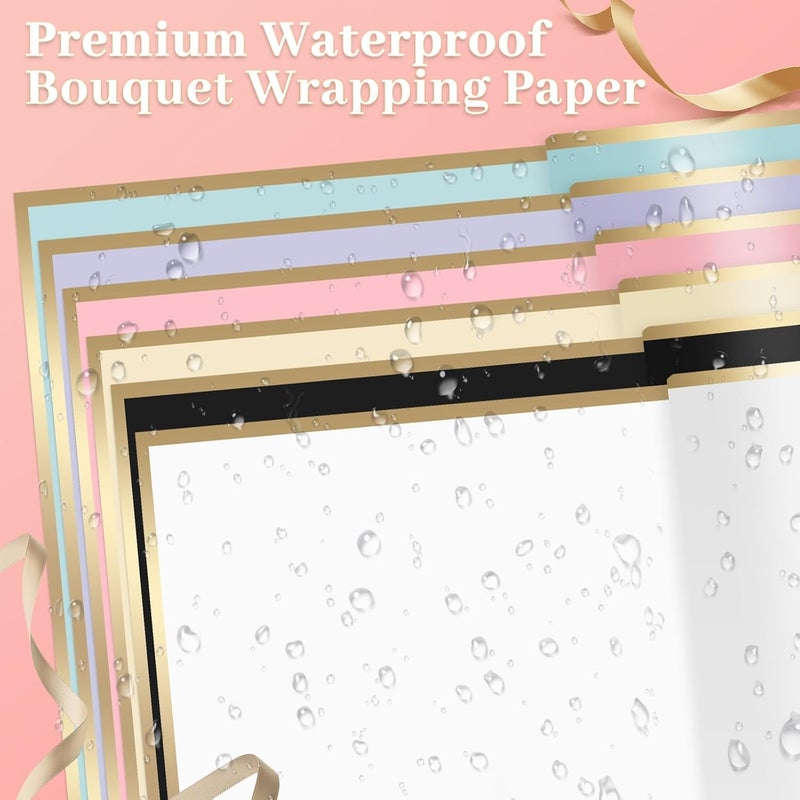 Besuper 260Pcs Flower Bouquet Wrapping Paper Kit, 60 Sheets Waterproof Paper, 36 Butterflies, 8 Crowns, 1 Headband, 4 Ribbons, 15 Cards, 100 Diamond Pins, 30 Floral Wire, 3 Stickers, 3 Tapes (Black & Pink) - Image 5